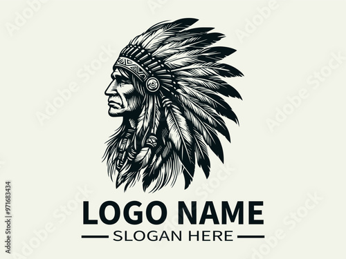 Black and white logo of Native American man in headdress. Suitable for apparel, accessories, cultural organizations, and event promotions, Black and white logo of Native American man wearing headdress