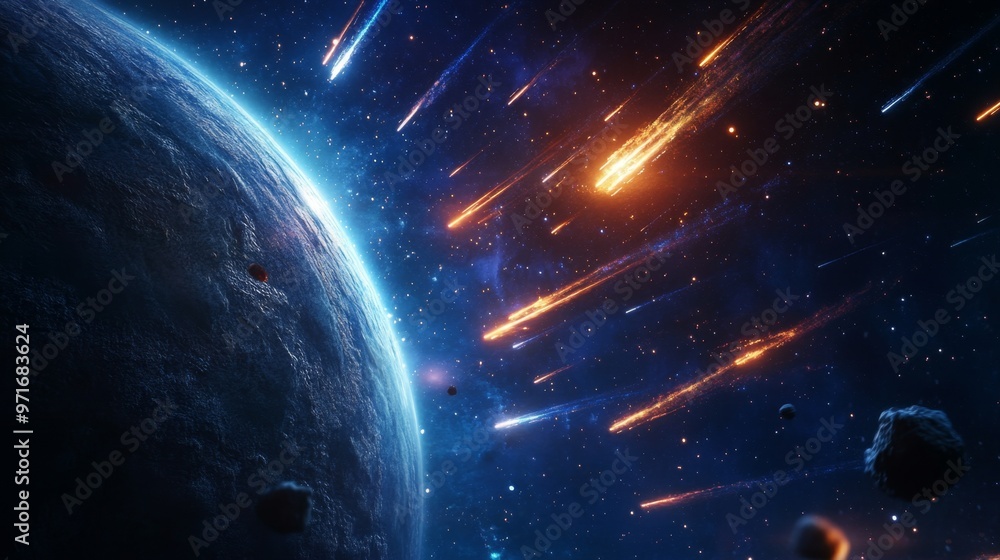Obraz premium Spectacular meteor shower in outer space with glowing meteors and a large planet