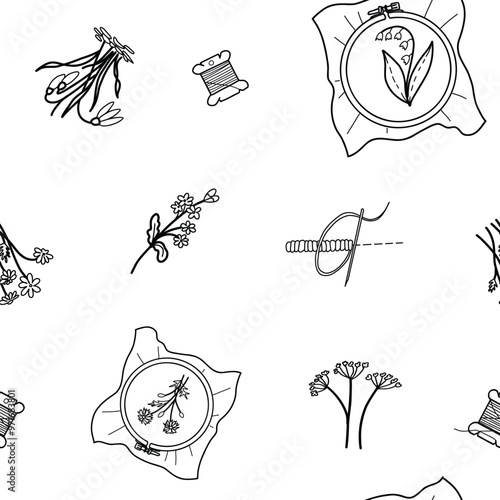 Needlework, Embroidery Seamless Pattern. Hand drawn Vector illustration of Threads, Hoop with Canvas and stitched Flowers in doodle style. For Hobby or Handmade designs, manual Stitching Prints.
