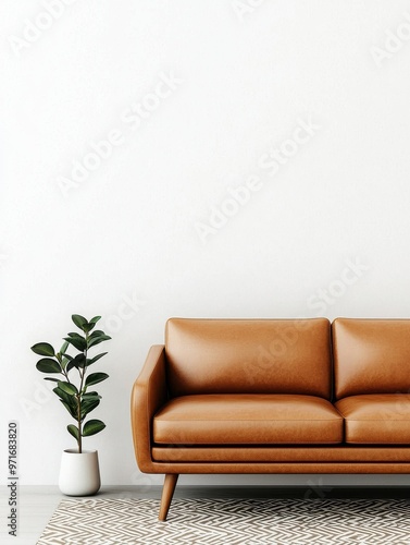 Stylish brown leather sofa with a decorative plant and neutral background, great for modern interior decor inspiration.