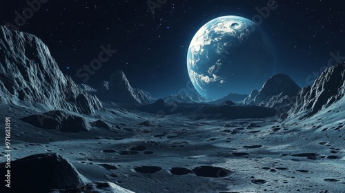 Dramatic lunar landscape with mountains, craters, and Earth in view under striking lighting