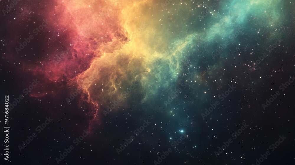 Fototapeta premium Vibrant cosmic nebula showcasing pink, green, and yellow hues with bright star clusters