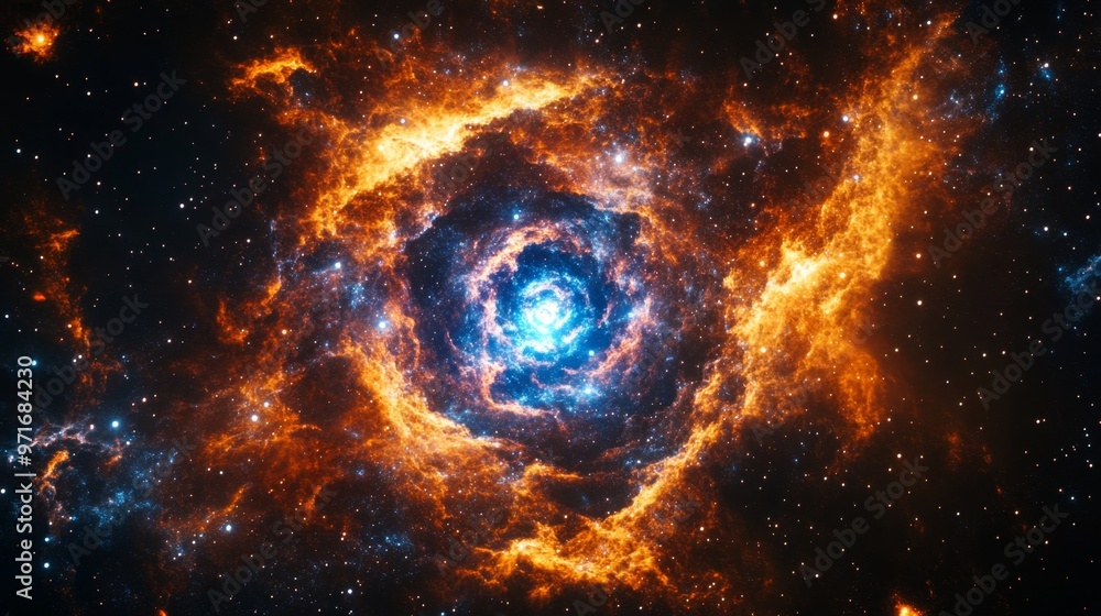 Naklejka premium Vibrant red and orange nebula with blue highlights showcasing cosmic spirals in deep space