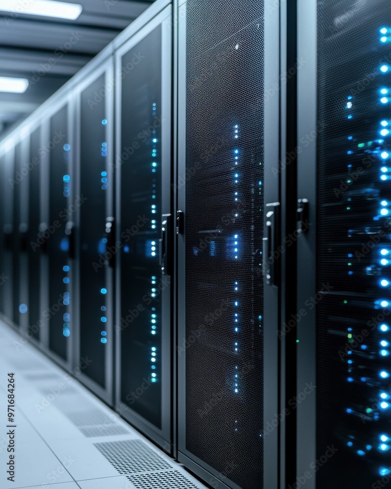 A modern data center with rows of server racks lined with blue LED lights, showcasing high-tech storage and computing power. A modern data center with rows of server racks lined with blue LED lights, showcasing high-tech storage and computing power.