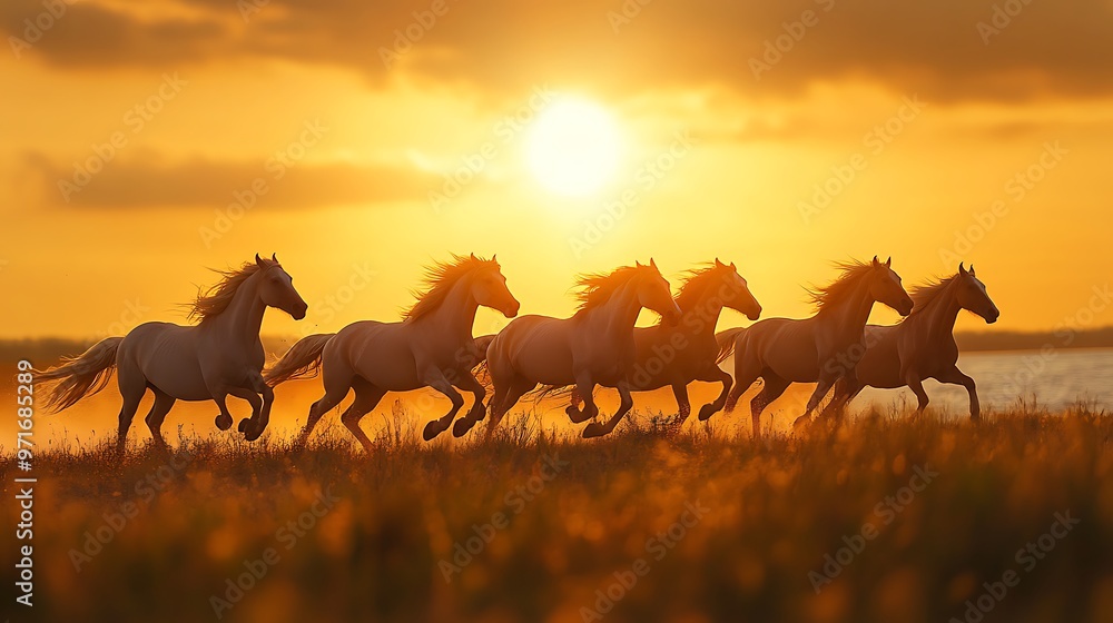 A group of wild horses galloping across a vast desert under a clear blue sky A group of wild horses galloping across a vast desert under a clear blue sky