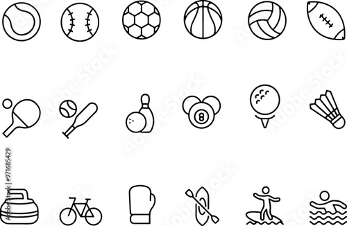 Icon set of sports soccer football basketball volleyball golf gym skiing boxing tennis. Thin line icons flat vector illustrations isolated on white transparent background	
