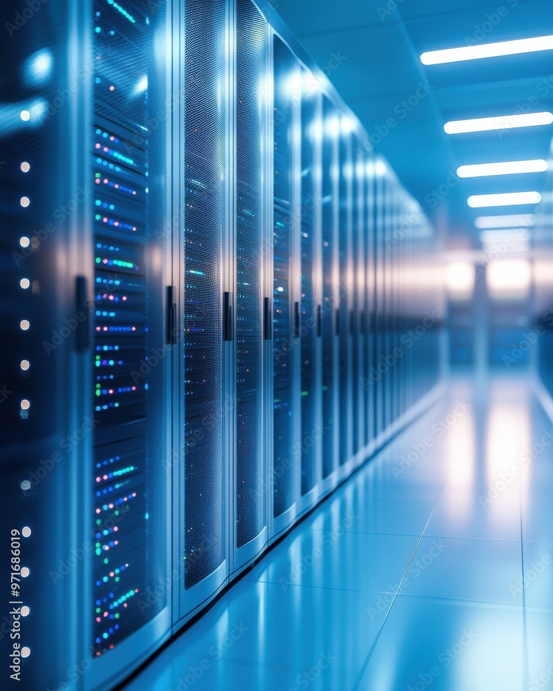Stylish data center featuring advanced server technology and illuminated racks for modern computing environments. Stylish data center featuring advanced server technology and illuminated racks for modern computing environments.