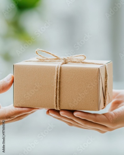 Two hands exchanging a brown gift box, symbolizing sharing and generosity in a warm, welcoming environment. photo