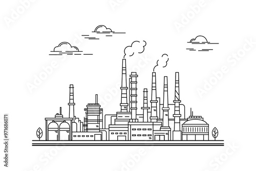 Oil refinery, factory, industrial plant, industrial landscape with clouds and trees. Contour drawing, line sketch on a white background.