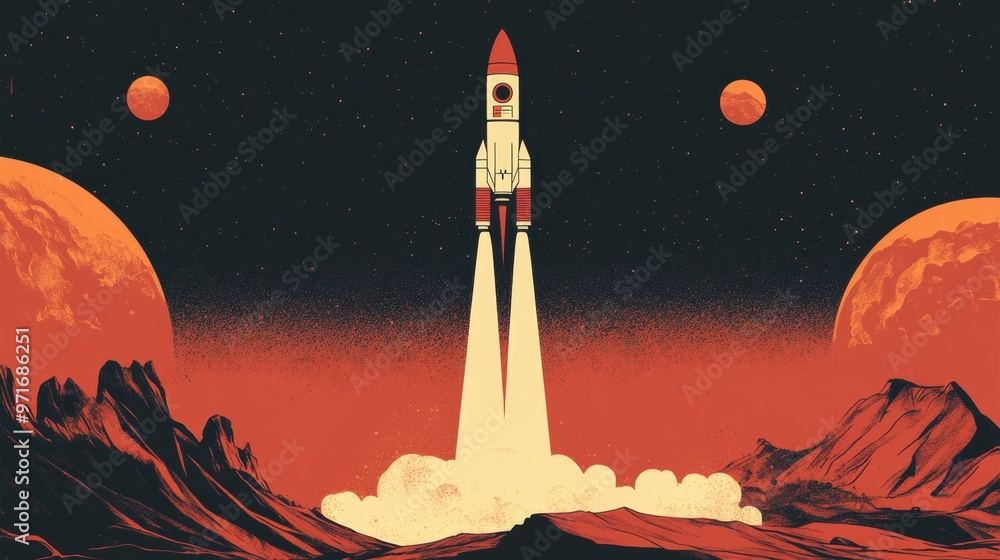 Naklejka premium Vintage Mars mission poster showcasing a rocket launch from the Martian surface in retro style