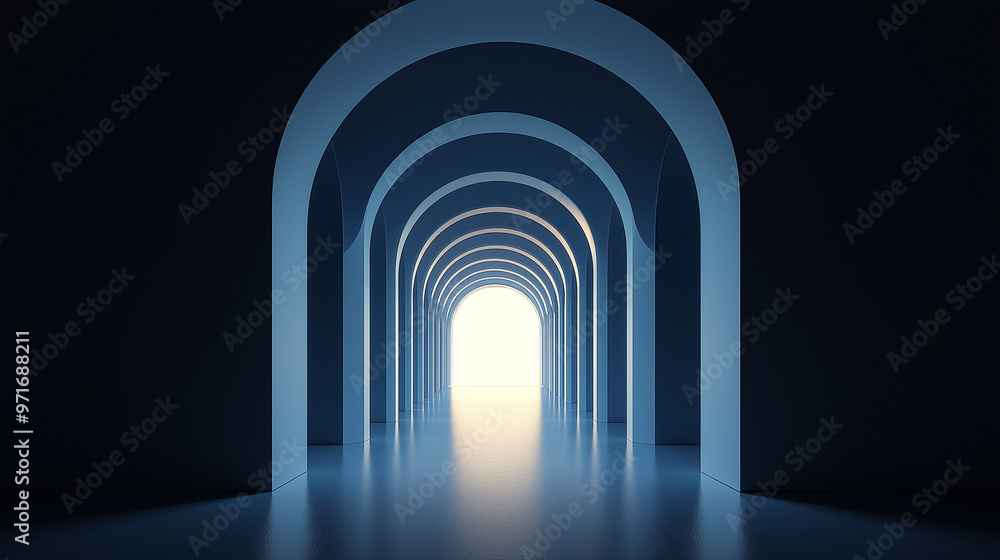 A series of arches in a diminishing perspective, leading to a central, darkened archway. The arches are symmetrically aligned, with each one slightly diminishing in size
A series of arches in a diminishing perspective, leading to a central, darkened archway. The arches are symmetrically aligned, with each one slightly diminishing in size
