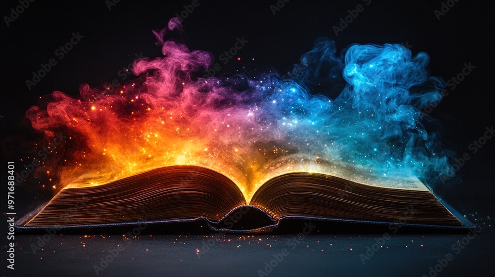Fototapeta premium Open vibrant magical book of knowledge with colorful smoke and glowing pages and magical energy emanating from it, on black canvas. 