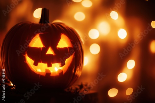 A Halloween pumpkin illuminated by soft lights against a blurred background, in a close-up shot he warm glow of the light creates an atmosphere of mystery and enchantment Generative AI