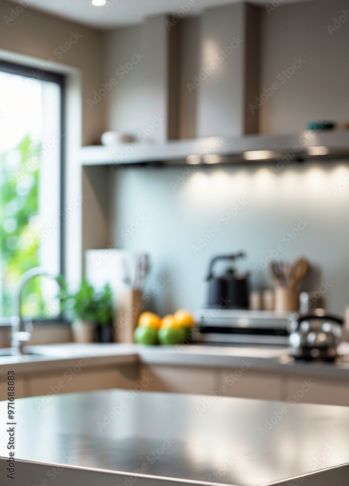 The empty stainless steel table top with blur background of Kitchen Interior. For product display The empty stainless steel table top with blur background of Kitchen Interior. For product display