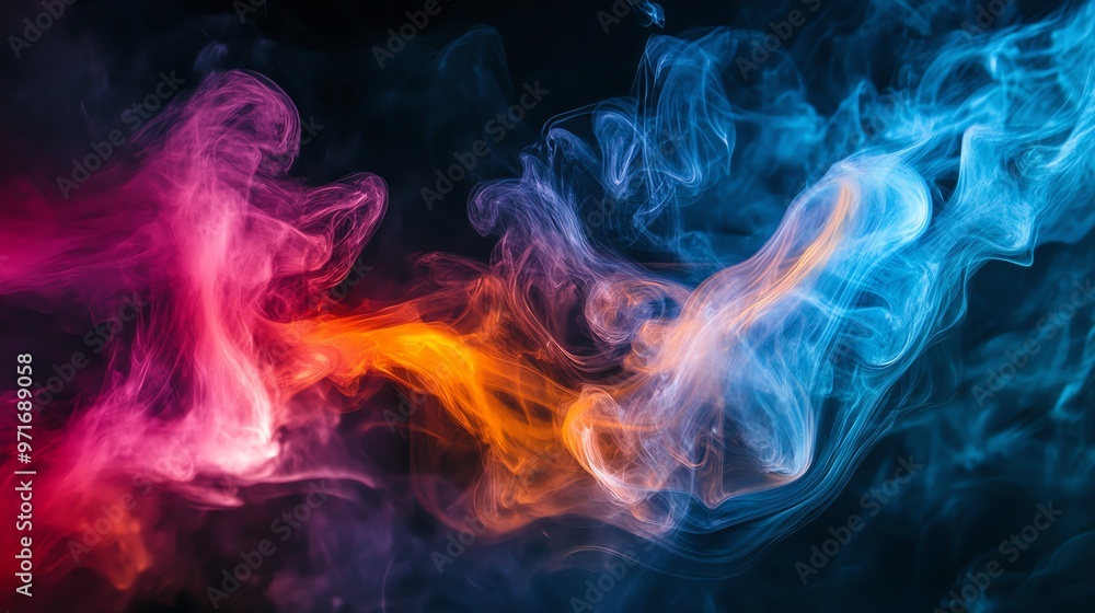 Fototapeta premium Abstract colorful smoke swirls on black background.