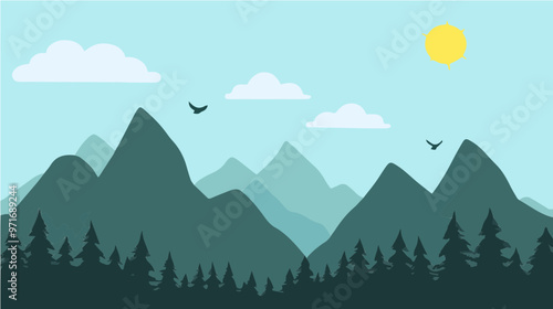A flat vector illustration of green mountains, pine trees, birds in the sky, and the sun shining. A simple and minimalist nature scene perfect for backgrounds and designs.