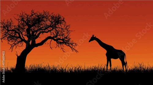 A beautiful silhouette of a giraffe walking beside a tree at sunset with an orange sky, capturing the beauty of the African wilderness.