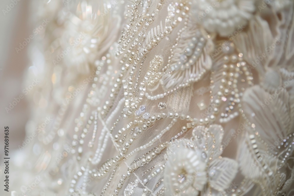 Intricate beadwork adorns a luxurious fabric showcasing detailed patterns and textures in warm golden tones during daylight Intricate beadwork adorns a luxurious fabric showcasing detailed patterns and textures in warm golden tones during daylight