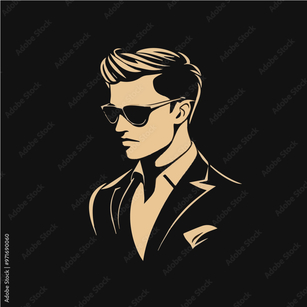 Minimalistic and sophisticated vector logo of a man in a suit with sunglasses, ideal for fashion and luxury branding. Minimalistic and sophisticated vector logo of a man in a suit with sunglasses, ideal for fashion and luxury branding.