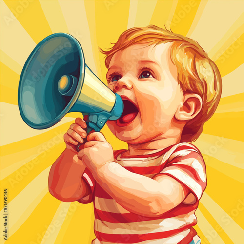 Vibrant pop-art style vector of a baby with a megaphone, perfect for playful advertising, marketing, and campaigns targeting families. photo