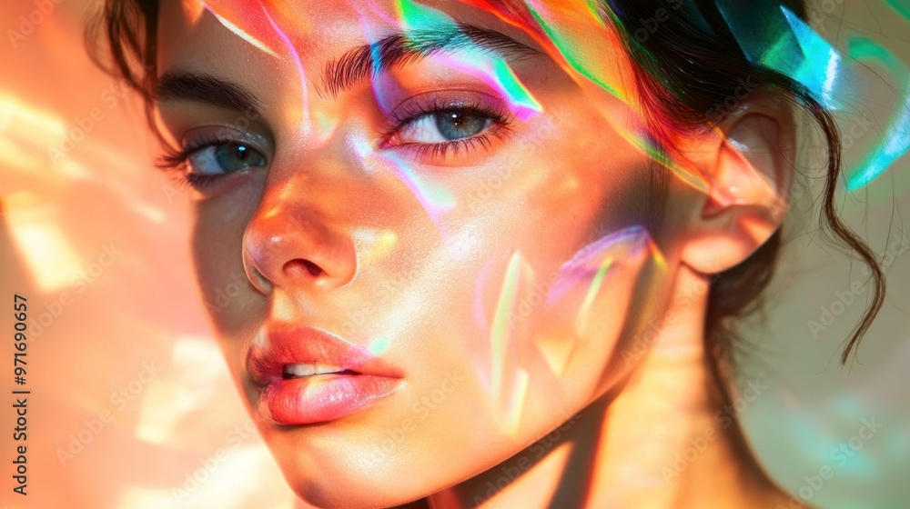 Close-up Portrait of a Woman with Rainbow Light Reflecting on Her Face Close-up Portrait of a Woman with Rainbow Light Reflecting on Her Face