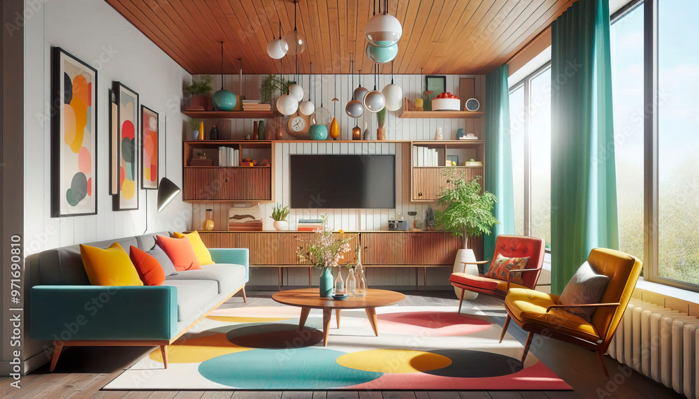 Japandi, minimalist interior design of modern living room with terra cotta sofa and colorful pillows Japandi, minimalist interior design of modern living room with terra cotta sofa and colorful pillows