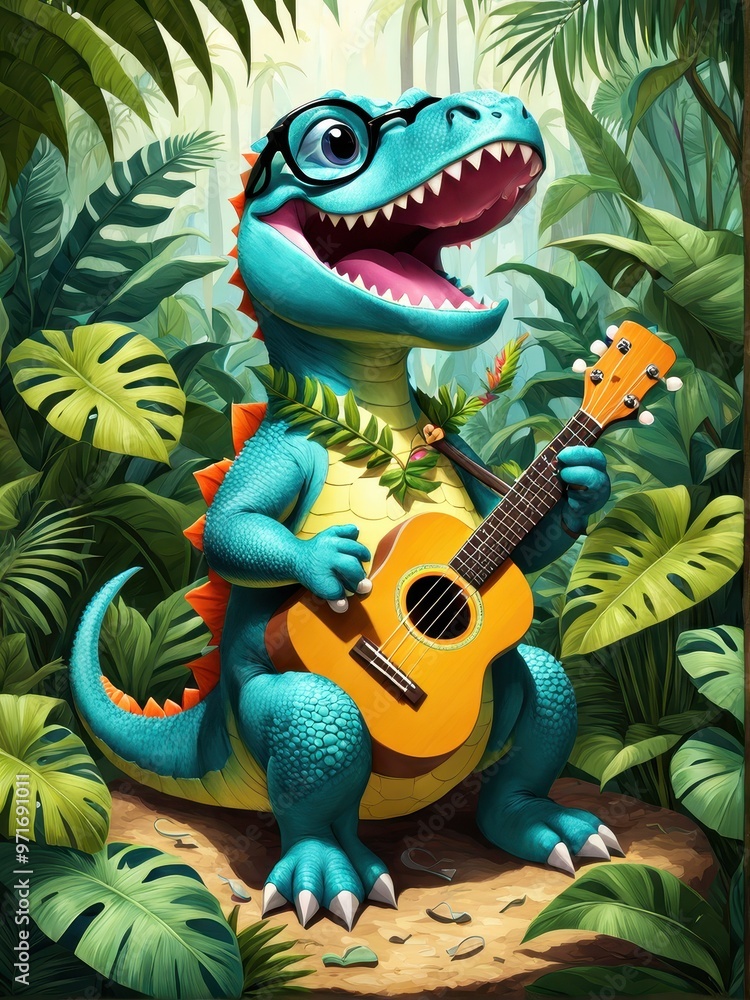 Obraz premium A cheerful dinosaur wearing glasses plays a ukulele in a lush, tropical setting.