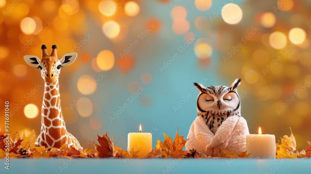 Fototapeta premium Tranquil Thanksgiving Spa Day with Giraffe and Owl in Cozy Robes Surrounded by Fall Leaves and Candles, Copy Space Available