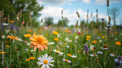  Artifical Intelligence generated vivid colorful floral landscape scenery. Floral background in nature on the mountains.  AI generated image