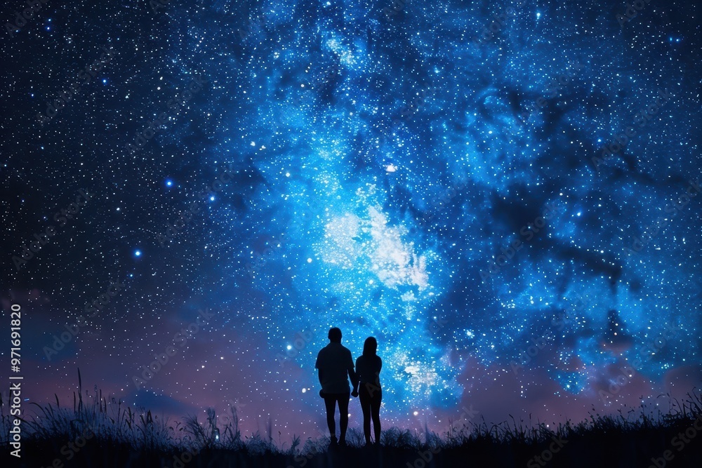 A couple sits closely together on a grassy hill, gazing at the vibrant night sky filled with stars and the Milky Way, creating a romantic atmosphere during a clear evening A couple sits closely together on a grassy hill, gazing at the vibrant night sky filled with stars and the Milky Way, creating a romantic atmosphere during a clear evening