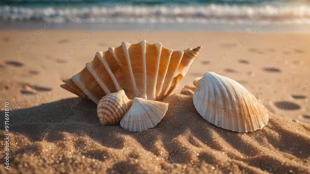 Seashells by the sea. beach holiday. beautiful summer background. seashells by the sea. AI generated image, ai Seashells by the sea. beach holiday. beautiful summer background. seashells by the sea. AI generated image, ai