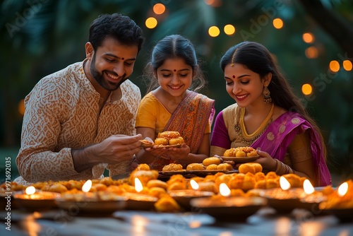 A joyful Indian family dressed in traditional attire gathers around a plate of delicious golden sweets during a festive Diwali celebration.  photo