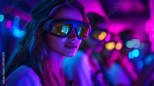 Woman Wearing Futuristic Goggles in Neon Lights