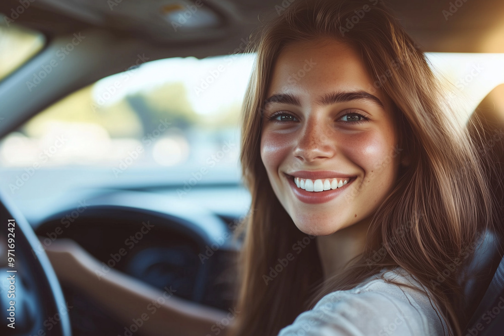 Smiling woman driving a car. Young traveler driving. Car travel, lifestyle concept Smiling woman driving a car. Young traveler driving. Car travel, lifestyle concept