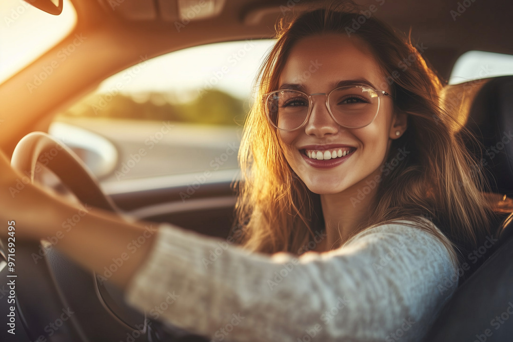 Smiling woman driving a car. Young traveler driving. Car travel, lifestyle concept Smiling woman driving a car. Young traveler driving. Car travel, lifestyle concept