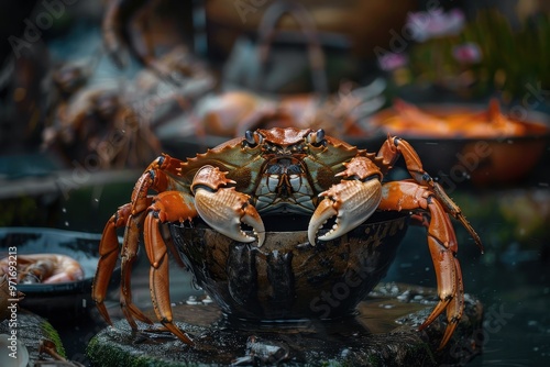 A vibrant display of a freshly cooked crab surrounded by colorful vegetables and garnishes on a decorative platter at a coastal restaurant during lunchtime photo