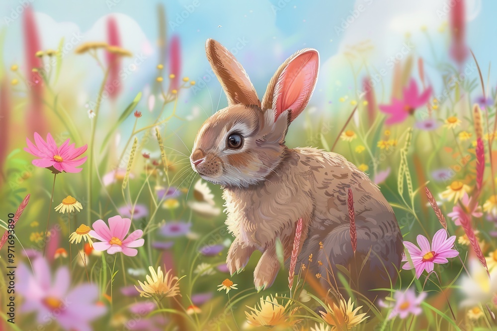 A young rabbit explores a vibrant field filled with colorful wildflowers on a sunny day in spring, surrounded by nature's beauty and tranquility A young rabbit explores a vibrant field filled with colorful wildflowers on a sunny day in spring, surrounded by nature's beauty and tranquility