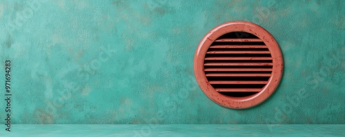 Wallpaper Mural circular air vent on a textured turquoise wall, showcasing industrial design and vibrant color contrast. Torontodigital.ca