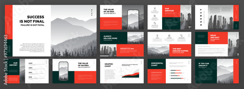 Creative Powerpoint presentation template set. Modern Keynote presentation background, brochure cover design, brand guidelines, proposal presentation, annual report, company profile, pitch deck.
