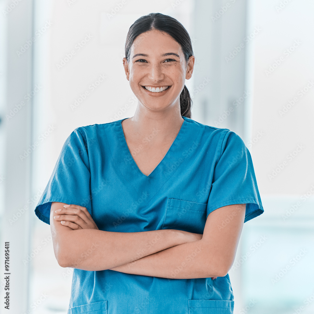 Portrait, nurse and happy woman with arms crossed for healthcare career ...