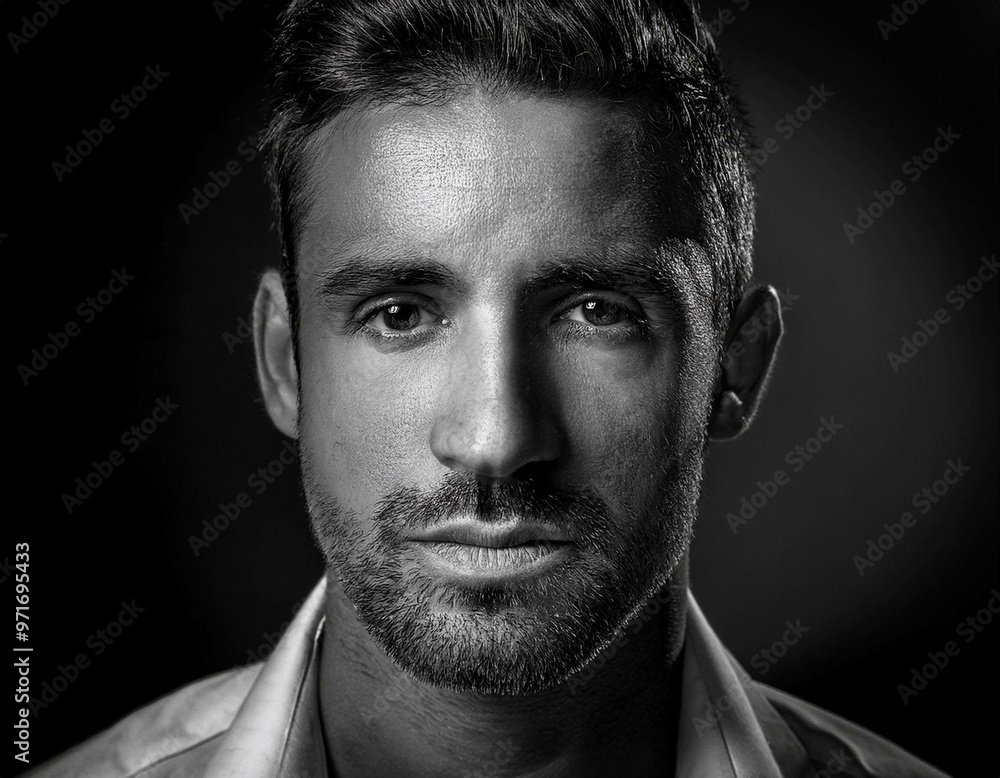 A close-up portrait of a man with strong facial features, in black and white, with dramatic A close-up portrait of a man with strong facial features, in black and white, with dramatic