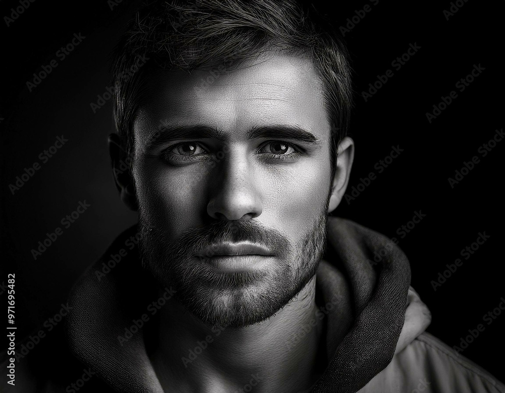 A close-up portrait of a man with strong facial features, in black and white, with dramatic A close-up portrait of a man with strong facial features, in black and white, with dramatic