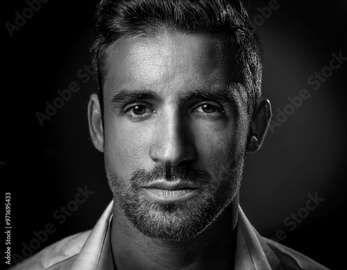 A close-up portrait of a man with strong facial features, in black and white, with dramatic