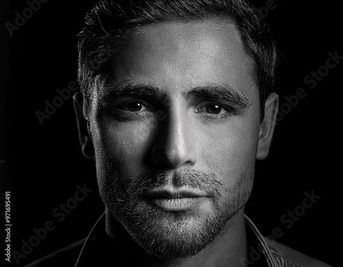 A close-up portrait of a man with strong facial features, in black and white, with dramatic