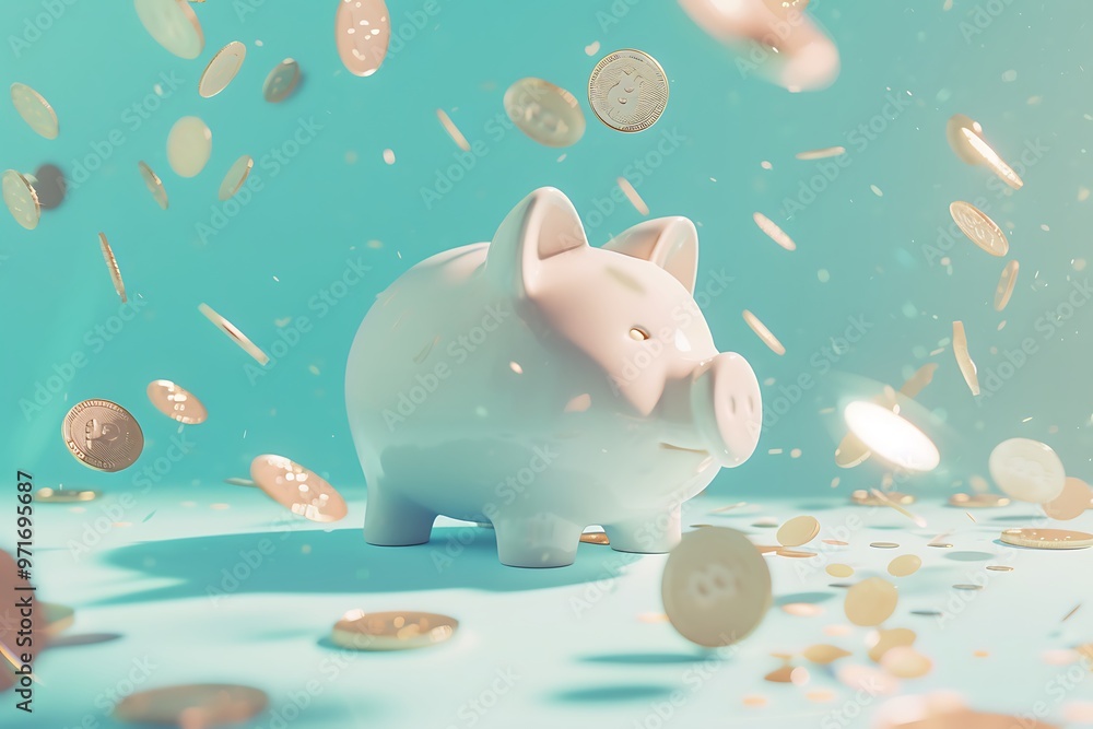 A photograph featuring a pristine white piggy bank on a pastel blue surface, with coins falling into it. The image highlights realistic textures, lighting effects, and the dynamic motion of the coins. A photograph featuring a pristine white piggy bank on a pastel blue surface, with coins falling into it. The image highlights realistic textures, lighting effects, and the dynamic motion of the coins.