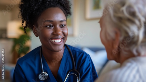 A home health care worker assists an elderly woman in her home	
 photo