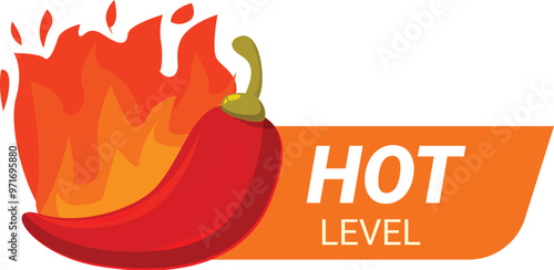 Cartoon red hot chili pepper burning in flames next to a hot level sign