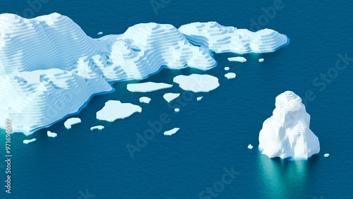 Layered terrain, arctic, glacier, stylized landscape, 3D isometric topography
