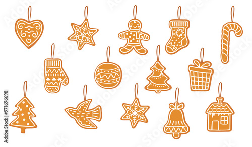 Cartoon collection of Christmas gingerbread cookies isolated on white background.Festive dessert for decorating.Traditional glazed pastries set.Vector design for use in card,banner,stickers,invitation