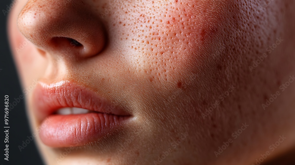 Close-up of red, irritated skin with a raised, itchy rash caused by an allergic reaction, detailed texture of inflamed skin Close-up of red, irritated skin with a raised, itchy rash caused by an allergic reaction, detailed texture of inflamed skin